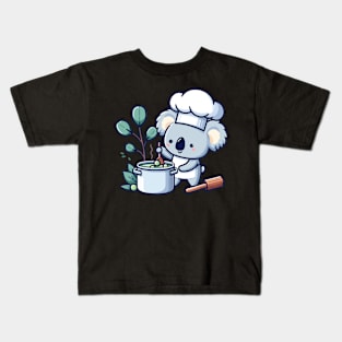 Cute koala chef holding pot with soup, koala bear cooking illustration, koala lover chef design Kids T-Shirt